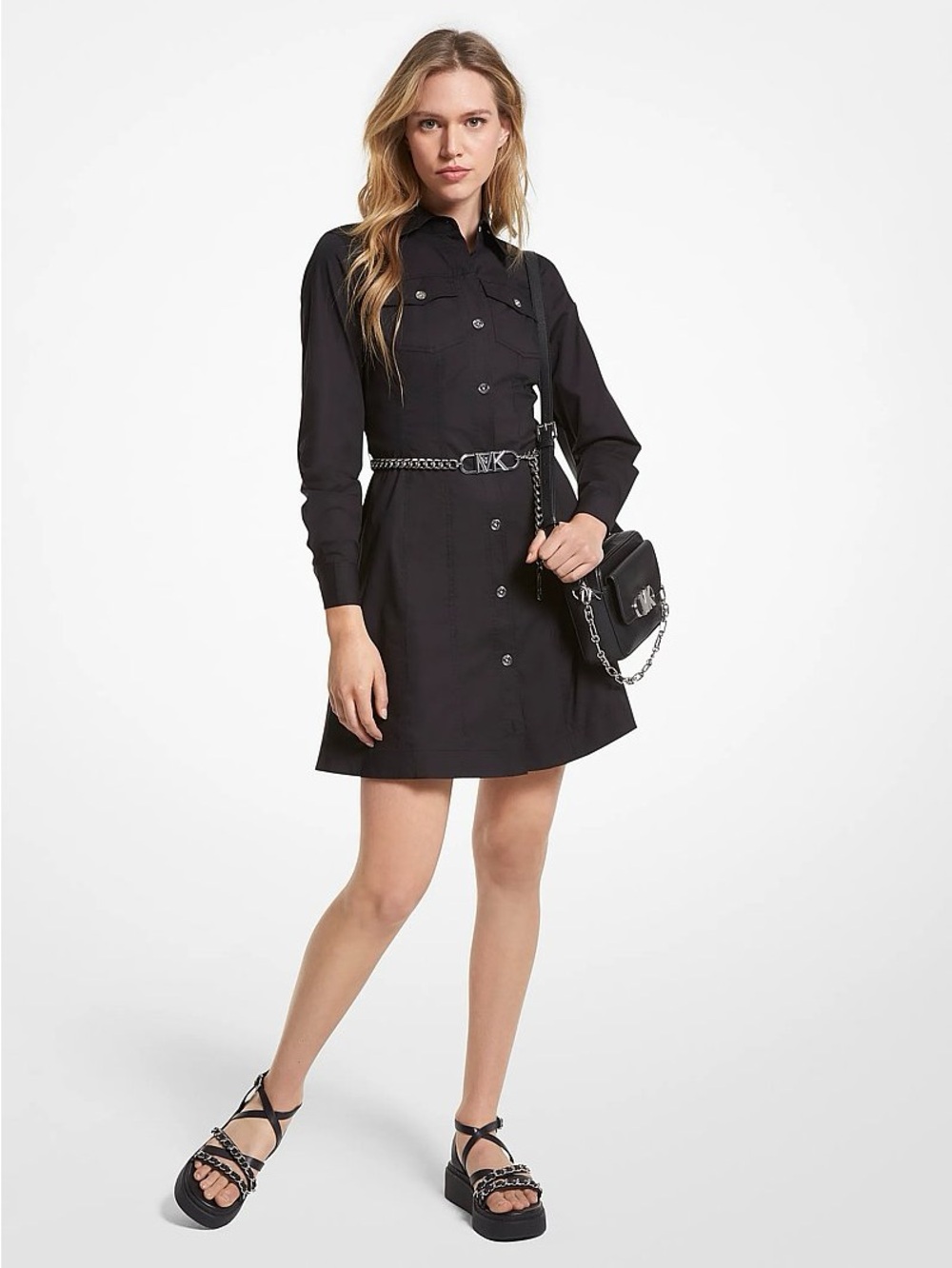 Black Button-Front Mini Dress with Chain Belt